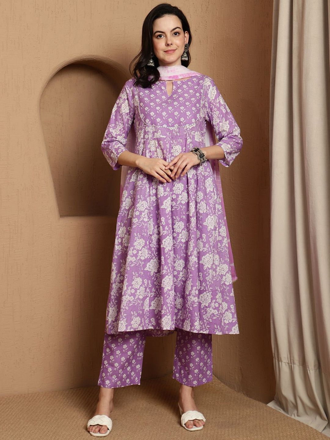 Dhiyona SN Women's Floral Printed Notch Neck Pure Cotton Anarkali Kurta & Trousers With Dupatta