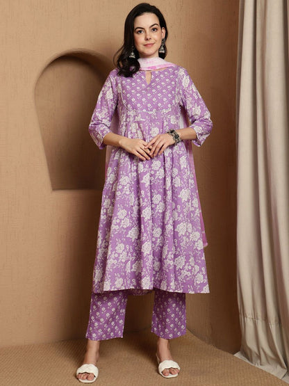 Dhiyona SN Women's Floral Printed Notch Neck Pure Cotton Anarkali Kurta & Trousers With Dupatta