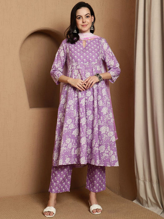 Dhiyona SN Women's Floral Printed Notch Neck Pure Cotton Anarkali Kurta & Trousers With Dupatta