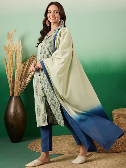 Dhiyona SN Women's Floral Printed Round Neck Straight Kurta With Trousers And Dupatta