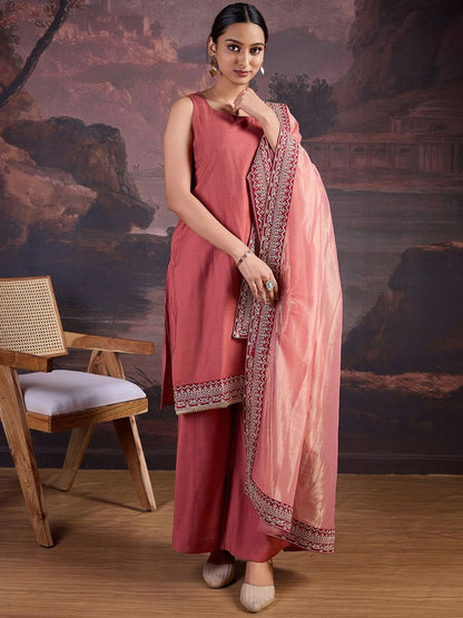 Dhiyona PD Women Sequinned Sleeveless Kurta And Palazzo With Dupatta