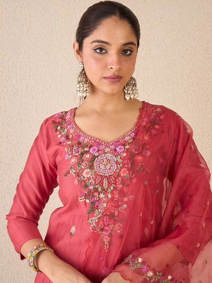 Dhiyona IE Floral Embroidered Stone & Beads Work V Neck Kurta With Trousers & Dupatta