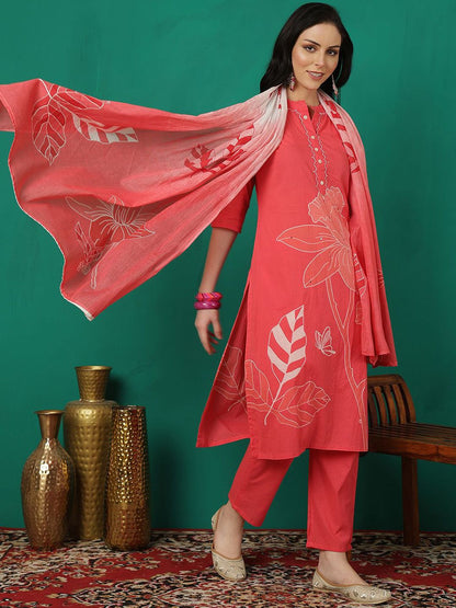 Dhiyona SN Women's Printed Pure Cotton Straight Kurta With Trouser & Dupatta