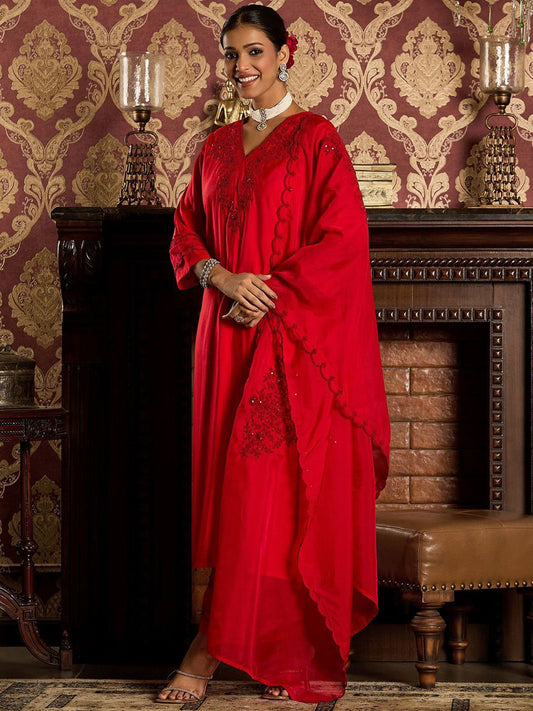 Dhiyona IE Ethnic Motifs Embroidered Sequined Straight Kurta With Trousers & Dupatta