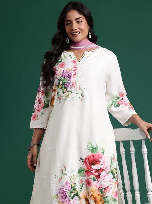 Floral Print Beads & Stones Kurta with Trousers & Dupatta