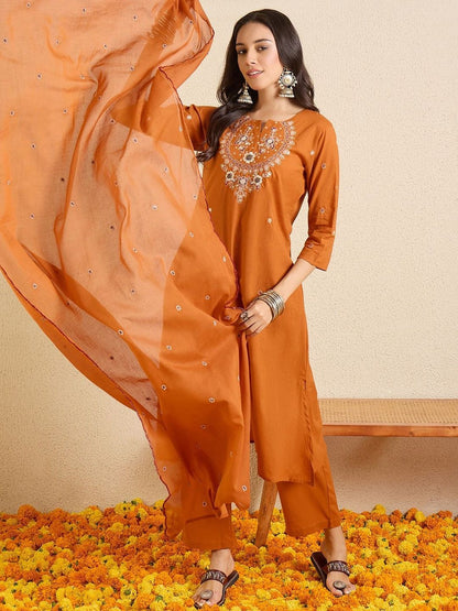 Women Ethnic Motifs Embroidered Regular Thread Work Pure Cotton Kurta with Trousers & With Dupatta