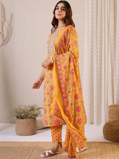 Floral Embroidered Straight Zari Work Kurta With Trousers & Dupatta
