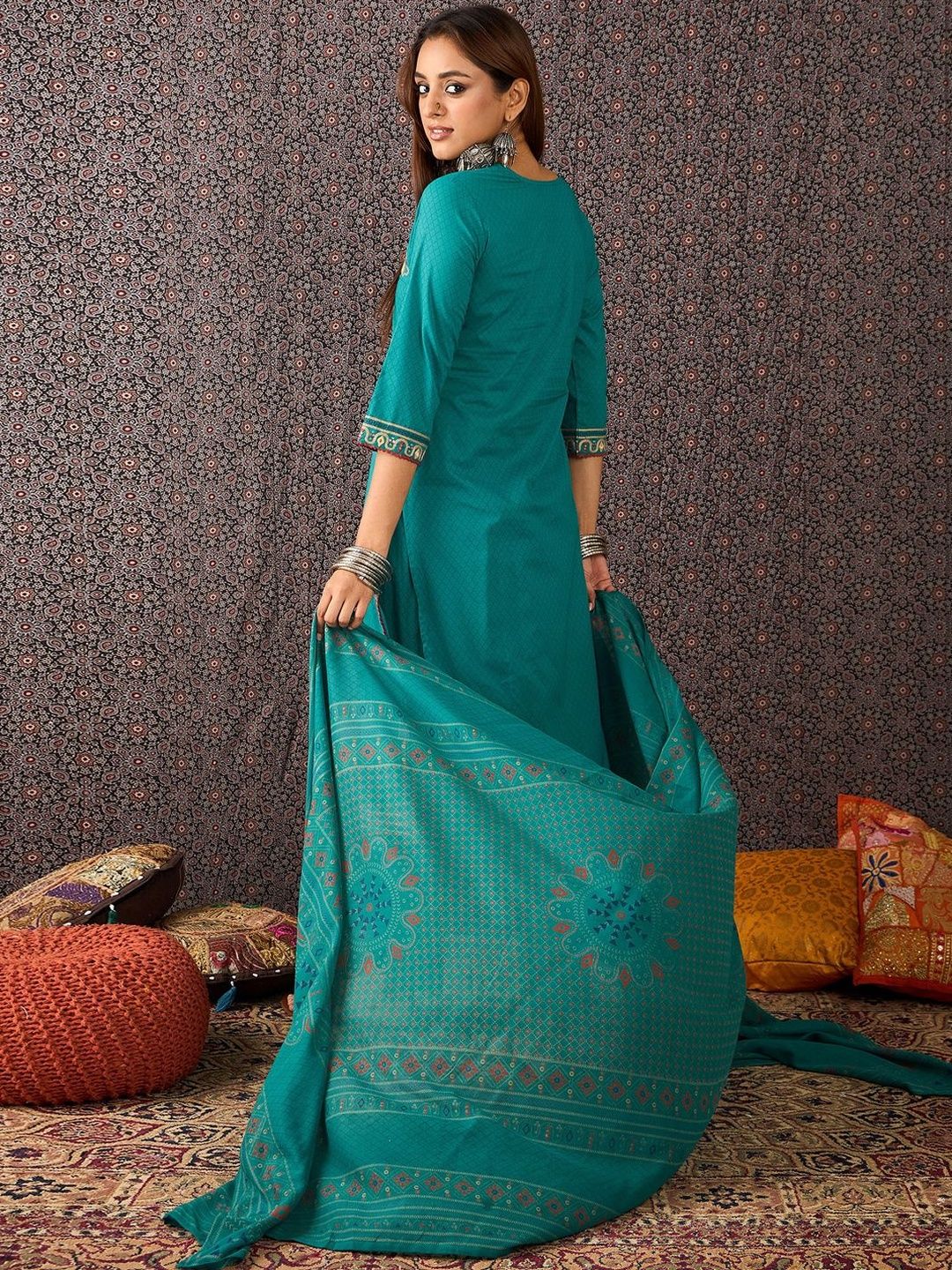 Ethnic Motifs Embroidered Thread Work Pure Cotton Kurta With Trousers & Dupatta