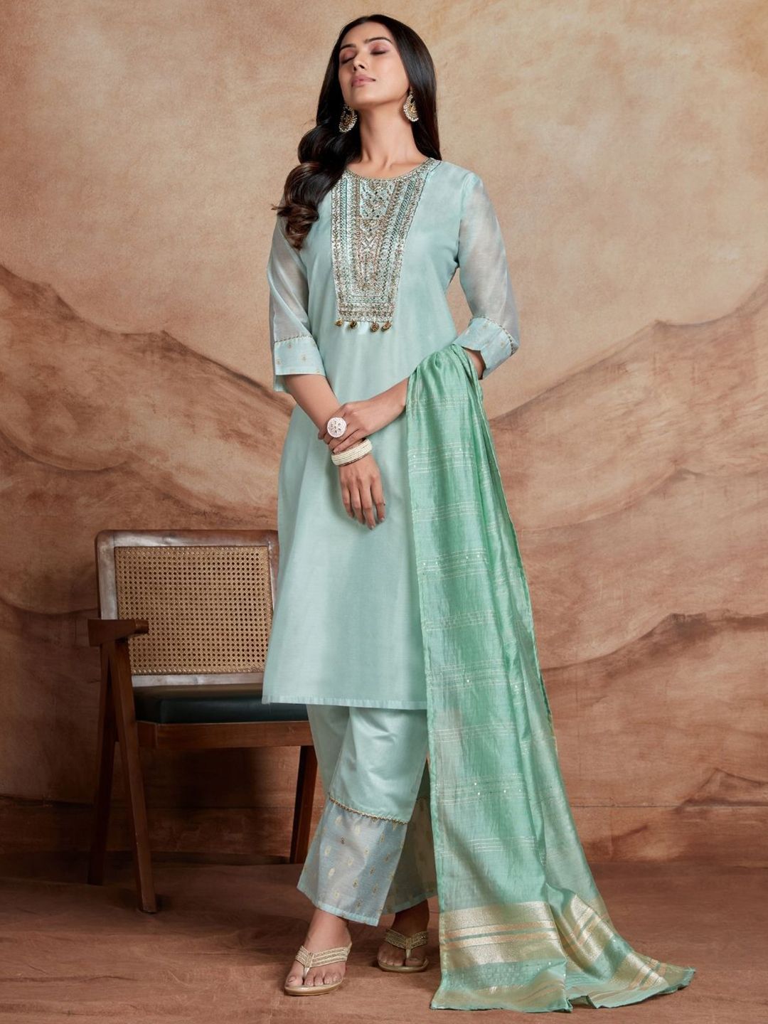 Dhiyona SN Women's Floral Embroidered Sequinned Chanderi Silk Straight Kurta & Palazzo With Dupatta