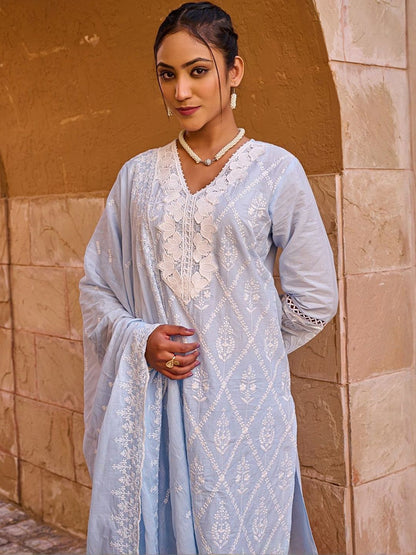 Women Ethnic Motifs Embroidered Cotton Kurta with Trousers & Dupatta