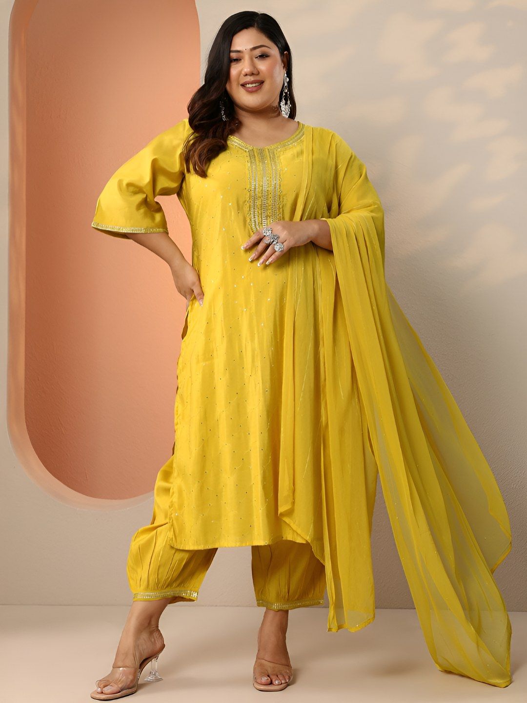 Dhiyona Women's Plus Size Ethnic Motifs Embroidered Kurta with Patiala & Dupatta