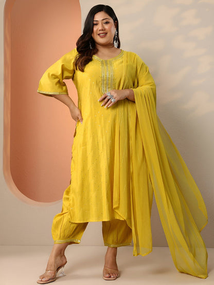 Dhiyona Women's Plus Size Ethnic Motifs Embroidered Kurta with Patiala & Dupatta