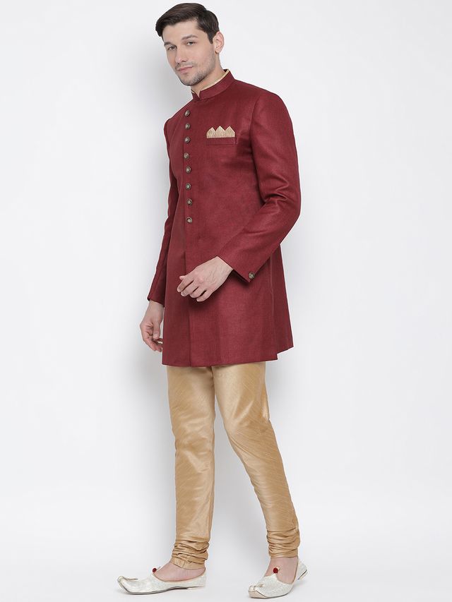 Men's Maroon Polyester Lurex Blend Straight Sherwani Set