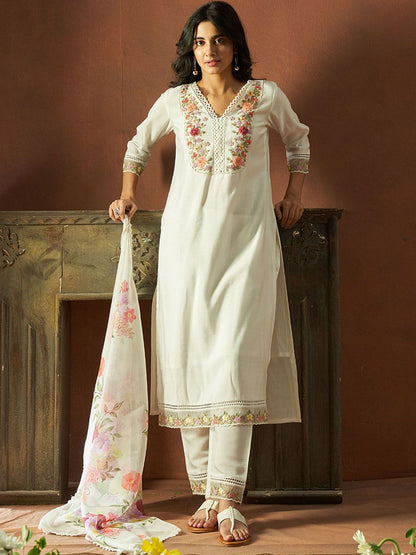 Floral Embroidered V-Neck Thread Work Straight Kurta With Trousers & Dupatta
