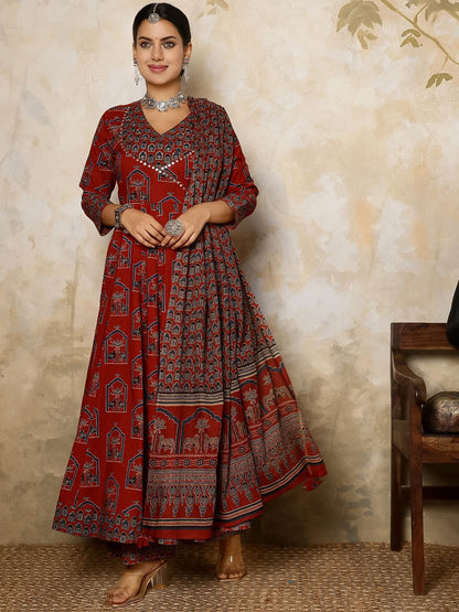 Dhiyona SN Women's Printed Pure Cotton Flared V-Neck Anarkali Kurta & Palazzo With Dupatta