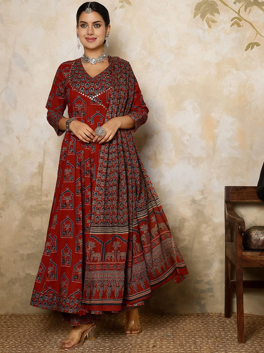 Dhiyona SN Women's Printed Pure Cotton Flared V-Neck Anarkali Kurta & Palazzo With Dupatta