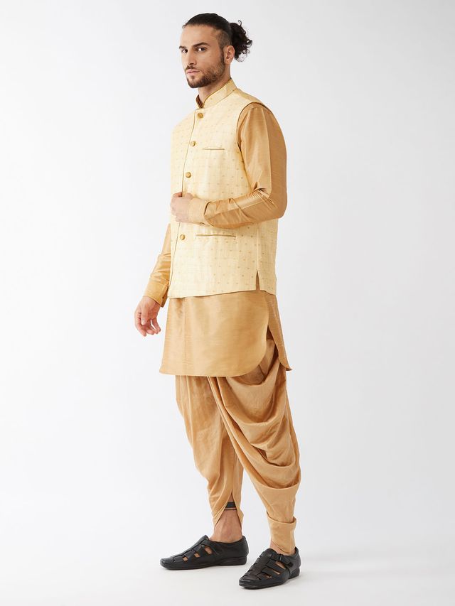 Men's Rose Gold Silk Blend Straight Jacket  Kurta and Dhoti Set