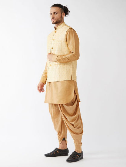 Men's Rose Gold Silk Blend Straight Jacket  Kurta and Dhoti Set
