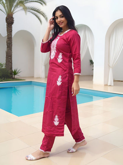 Dhiyona IE Floral Embroidered Straight Kurta with Trousers Co-Ords Set