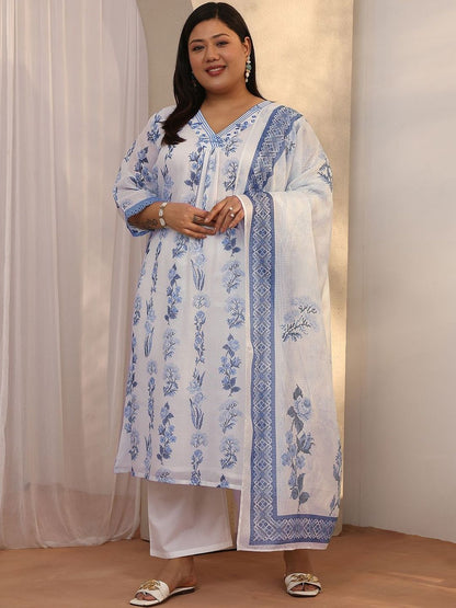 Dhiyona Women's Plus Size Floral Printed Kurta with Palazzos & With Dupatta