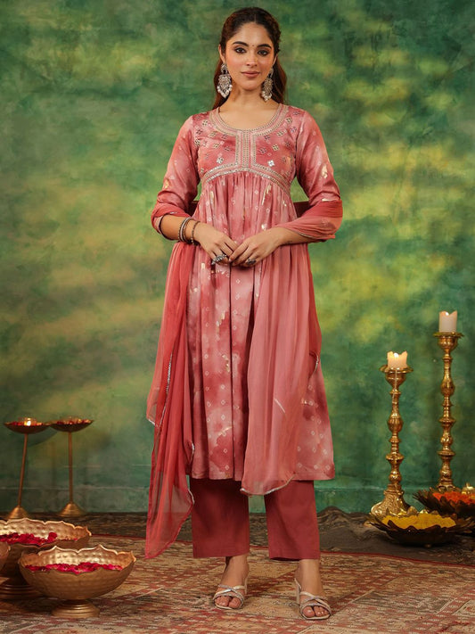 Dhiyona RR Women's Bandhani Printed Pure Cotton Anarkali Kurta With Trousers & Dupatta