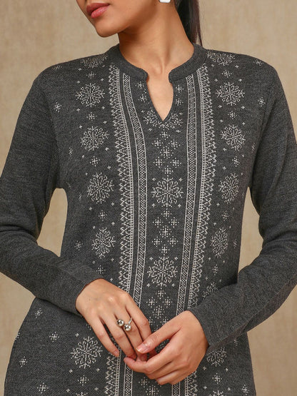 Dhiyona SO Women's Charcoal Floral Woven Design Mandarin Collar Acrylic Straight Kurta With Trouser