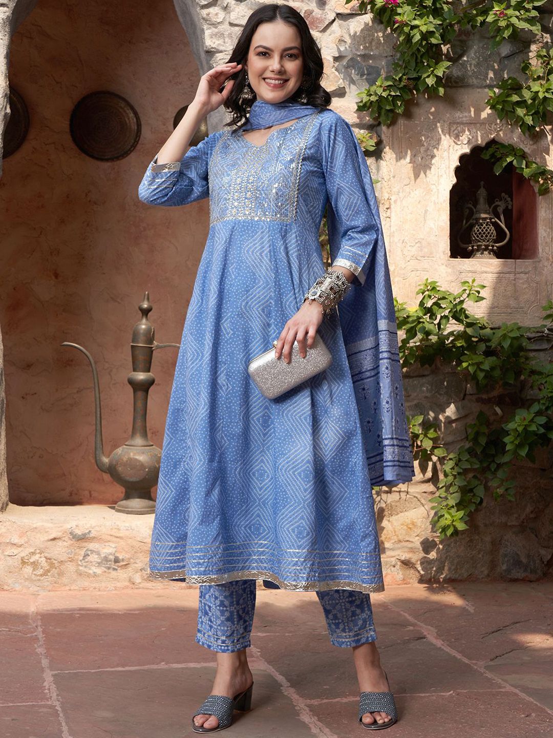 Dhiyona SN Women's Blue Bandhani Printed V Neck Pure Cotton Anarkali Kurta With Trouser And Dupatta