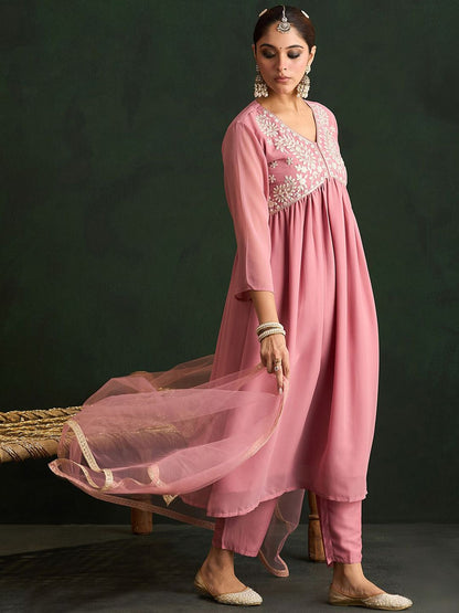Mauve Paisley Embroidered V-Neck Georgette A-Line Kurta with Trousers & Dupatta