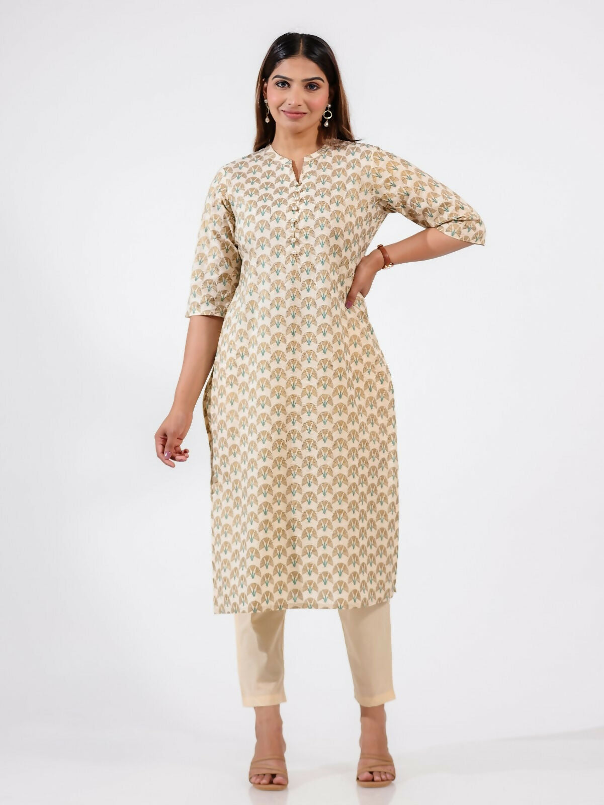 Women's Straight Soft Cotton Floral Print Women's Kurta - Off White
