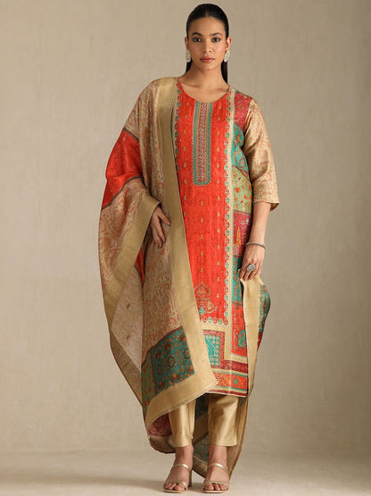 Dhiyona SO Women's Floral Printed Round Neck Sequinned Straight Kurta With Trousers & Dupatta