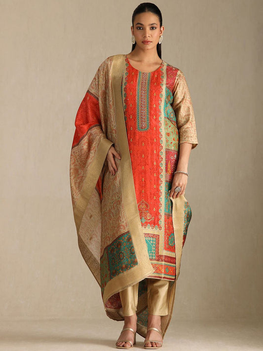 Dhiyona SO Women's Floral Printed Round Neck Sequinned Straight Kurta With Trousers & Dupatta