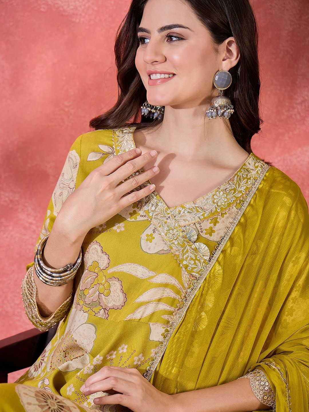 Dhiyona SN Women's Floral Printed With Embroidered Angrakha Kurta With Trousers & Dupatta