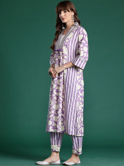 Women Floral Printed Empire Thread Work Pure Cotton Kurta with Trousers & With Dupatta