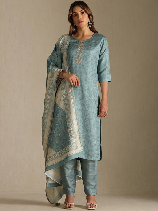 Dhiyona SO Women's Women Ethnic Motifs Regular Zardozi Kurta with Trousers & Dupatta