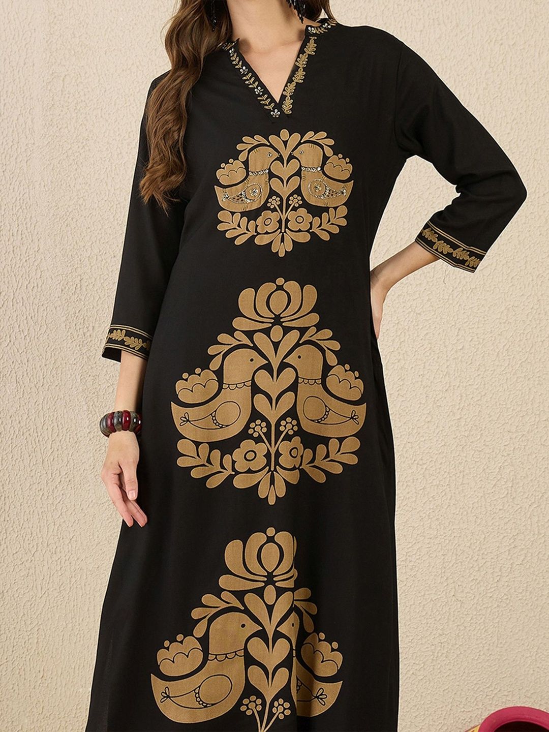 Ethnic Motifs Printed Mandarin Collar A-Line Kurta With Palazzos