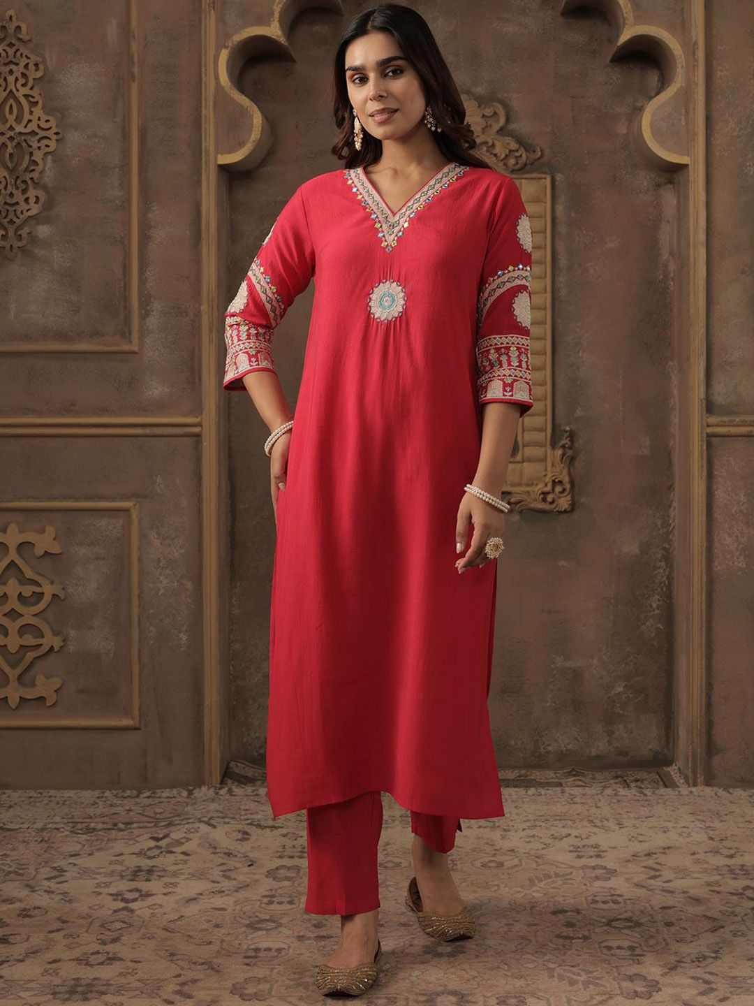 Floral Embroidered V-Neck Mirror Work Straight Kurta With Trousers
