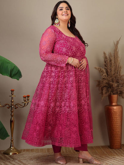 Dhiyona IN Women Plus Size Floral Embroidered A-Line Kurta with Trousers & Dupatta