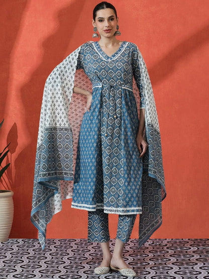 Dhiyona SN Women's Floral Embroidered A-Line Pure Cotton Kurta With Trousers & Dupatta