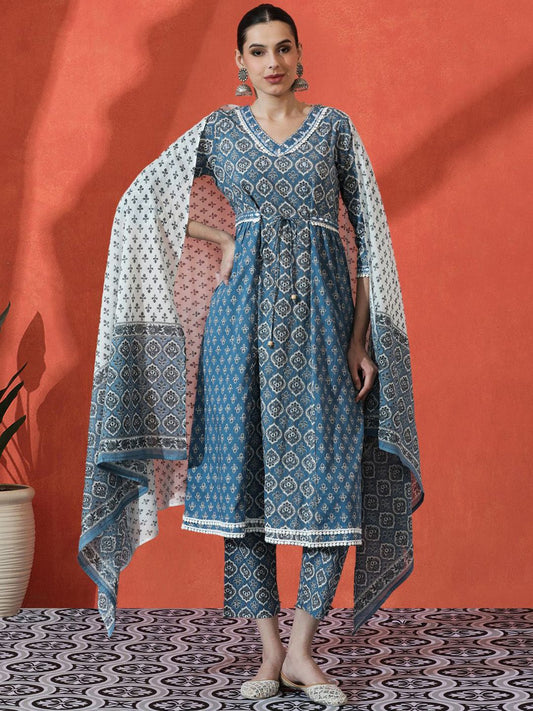 Dhiyona SN Women's Floral Embroidered A-Line Pure Cotton Kurta With Trousers & Dupatta