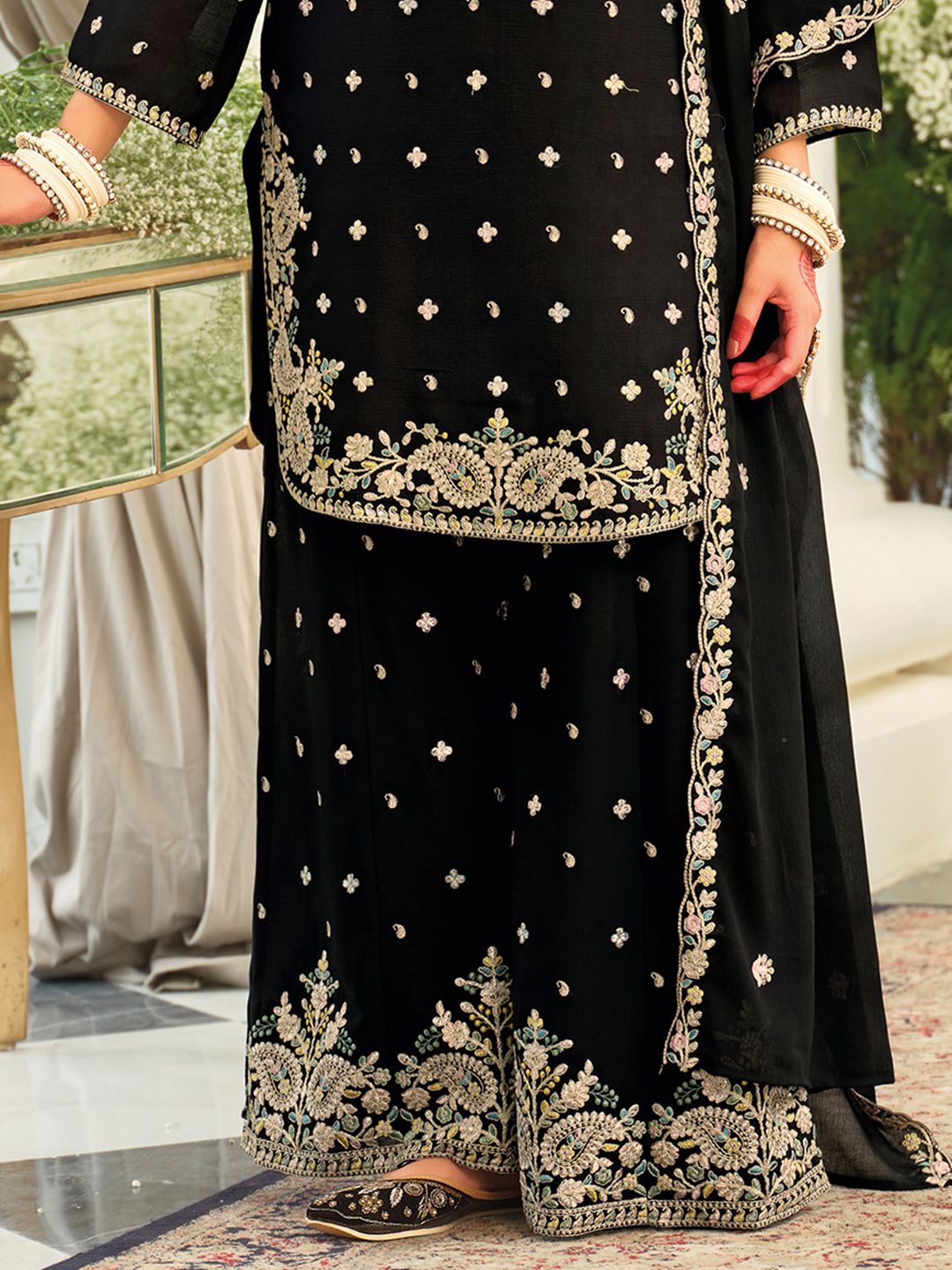 Paisley Embroidered Sequinned Straight Kurta With Palazzos & Dupatta