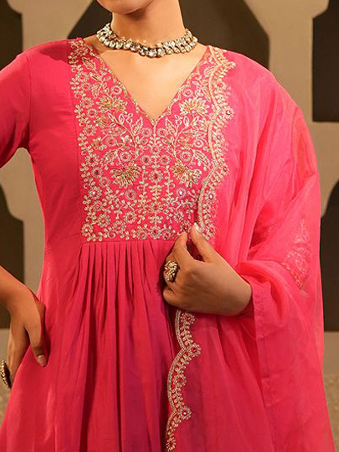 Dhiyona IE Women's Floral Yoke Design V Neck Zari A-Line Kurta & Trousers With Dupatta