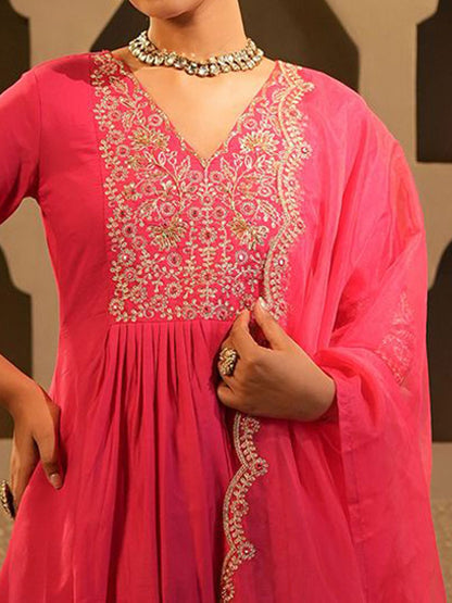 Dhiyona IE Women's Floral Yoke Design V Neck Zari A-Line Kurta & Trousers With Dupatta