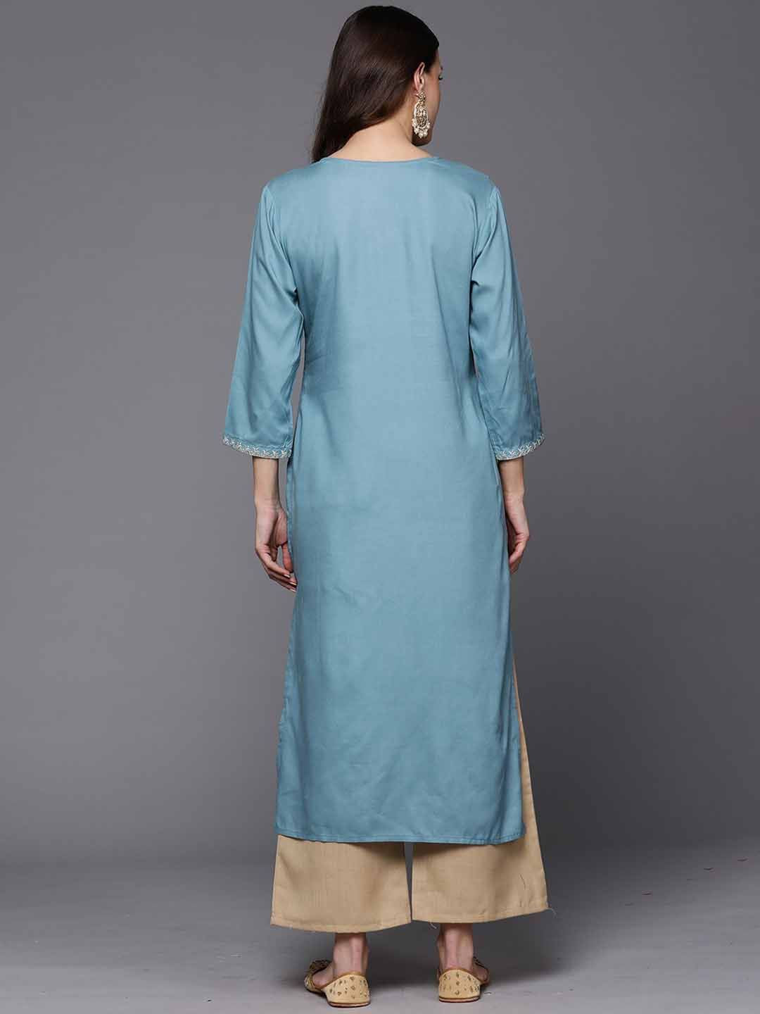 Dhiyona IE Blue Notch Neck Embroidered Mirror Work Straight Kurta