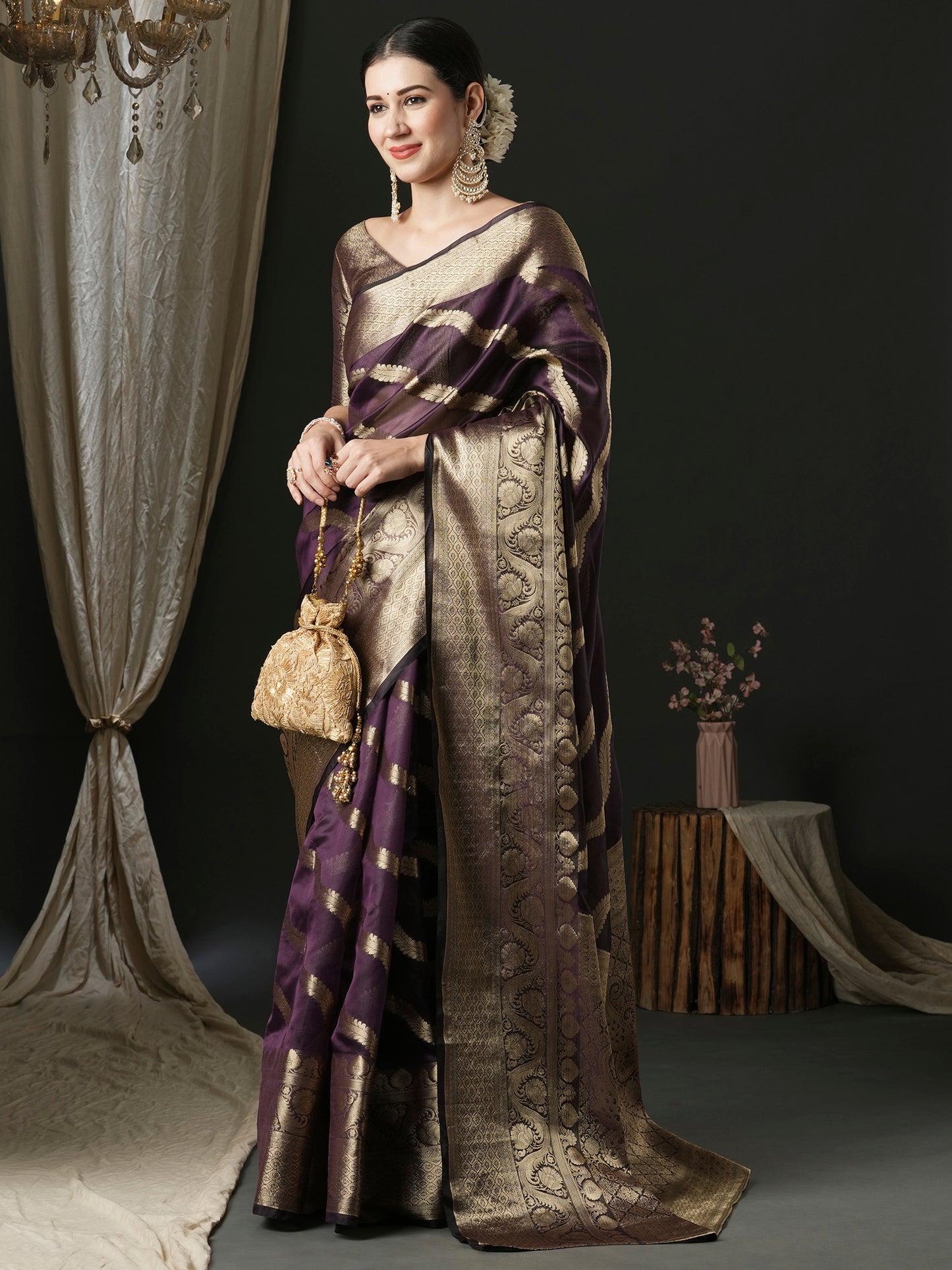 Women's Organza Purple Woven Design Designer Saree With Blouse Piece