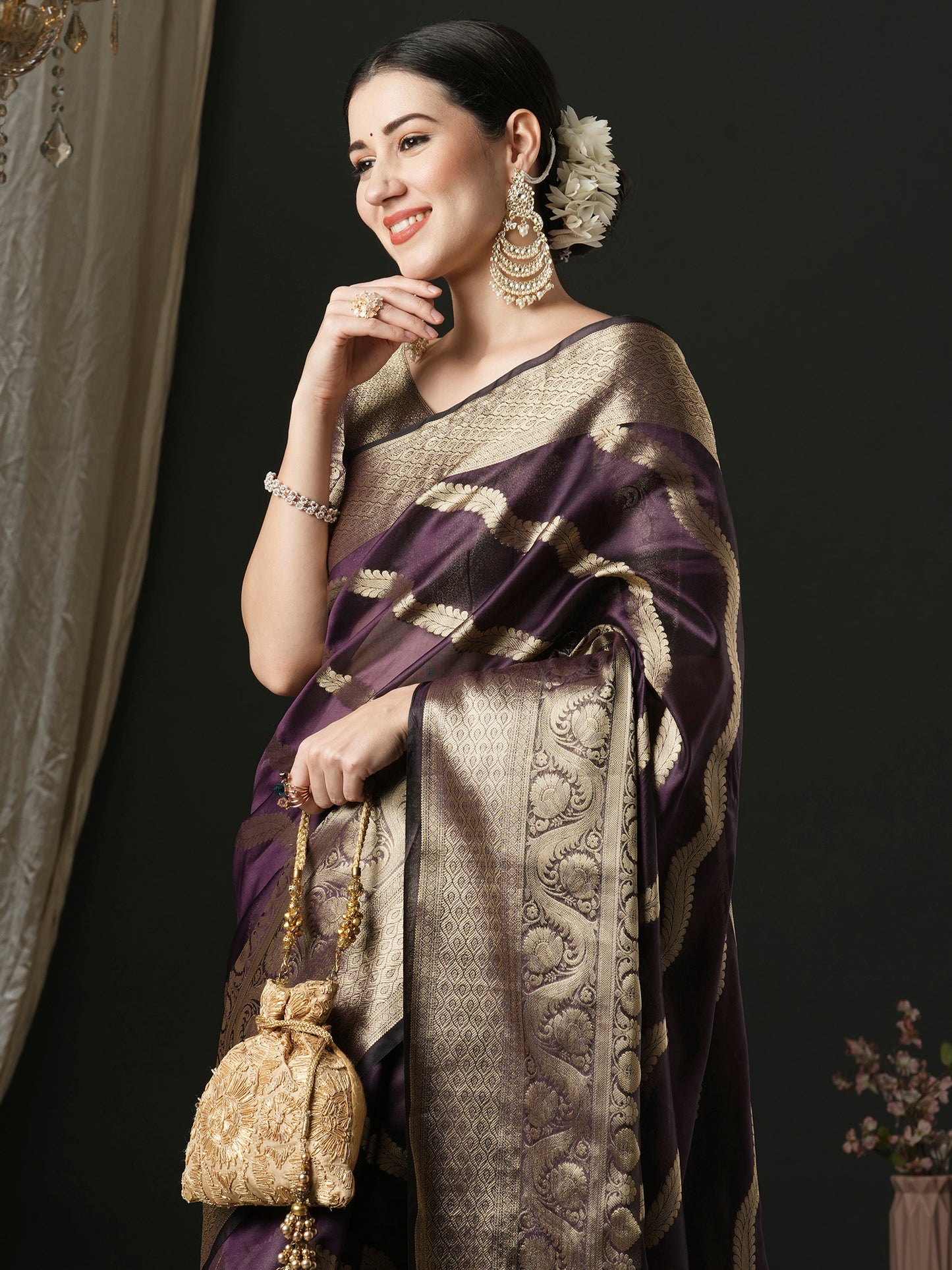 Women's Organza Purple Woven Design Designer Saree With Blouse Piece