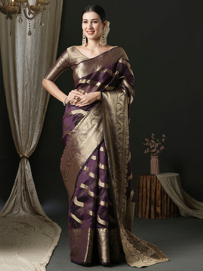 Women's Organza Purple Woven Design Designer Saree With Blouse Piece