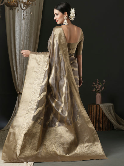 Women's Organza Grey Woven Design Designer Saree With Blouse Piece