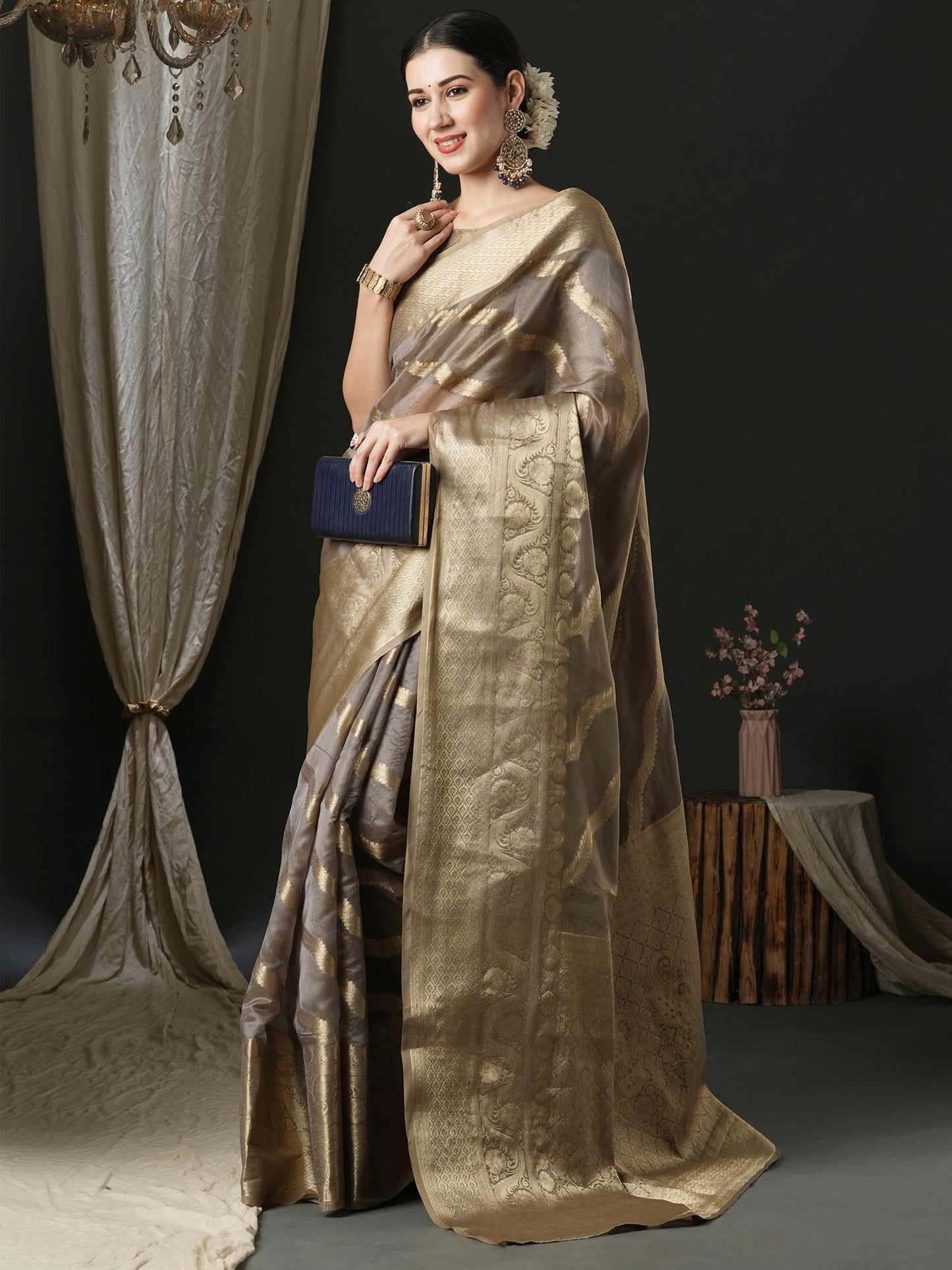 Women's Organza Grey Woven Design Designer Saree With Blouse Piece