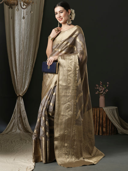 Women's Organza Grey Woven Design Designer Saree With Blouse Piece