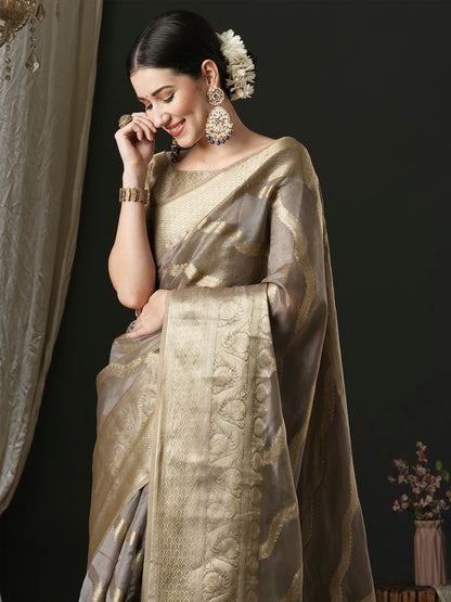 Women's Organza Grey Woven Design Designer Saree With Blouse Piece